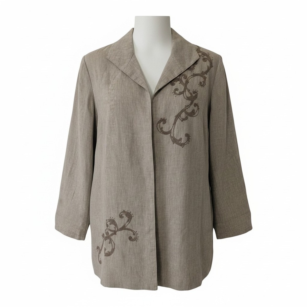 Coldwater Creek Linen Jacket Womens Sz 20 Tan Embroidered Open Front Blazer Boho